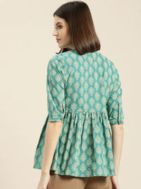 Shae by SASSAFRAS Women Teal Blue & Off-White Printed A-Line Pure Cotton Top