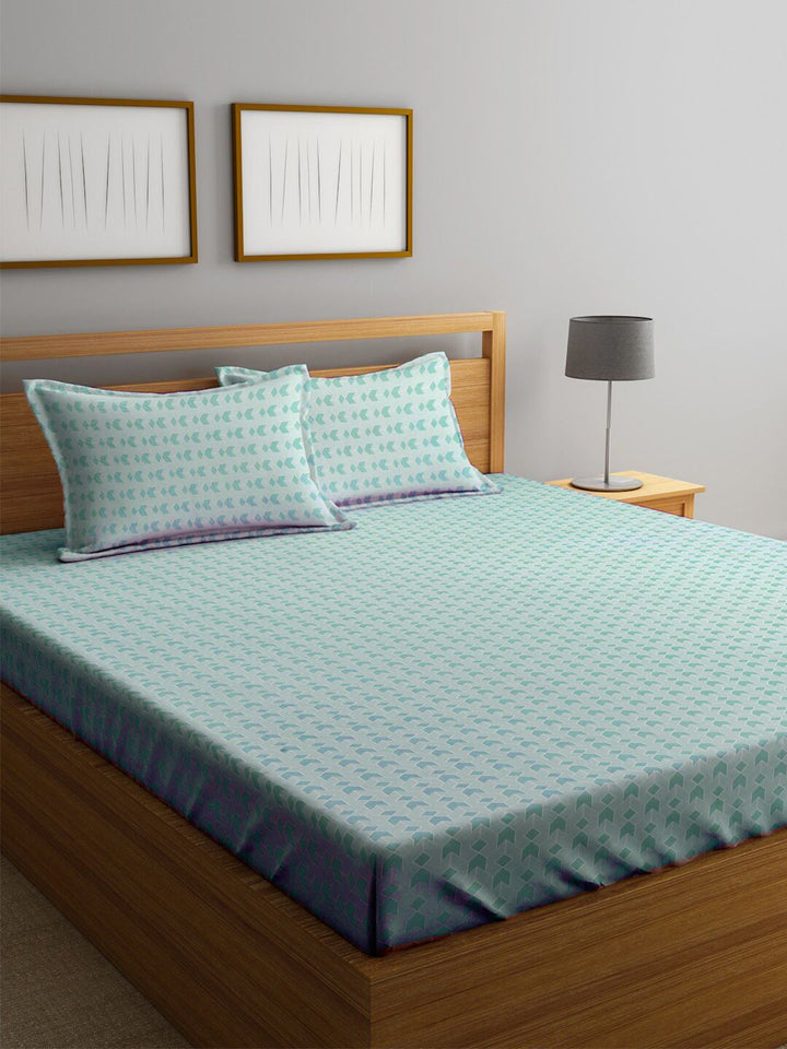 KLOTTHE Hijau Kapas Geometrik 300 TC Dilengkapi Cadar King Halus dengan 2 Sarung Bantal-98 x 87 inci