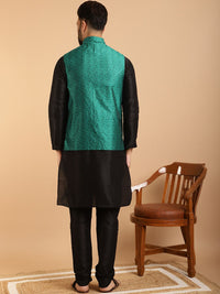 SOJANYA Men Black Solid Kurta with Churidar & Nehru Jacket