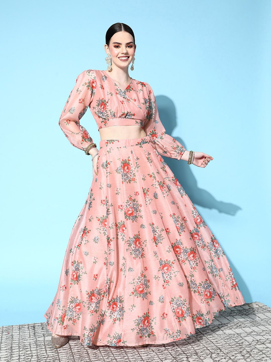 Shae by SASSAFRAS Women Peach-Coloured & Red Printed Ready to Wear Lehenga Choli