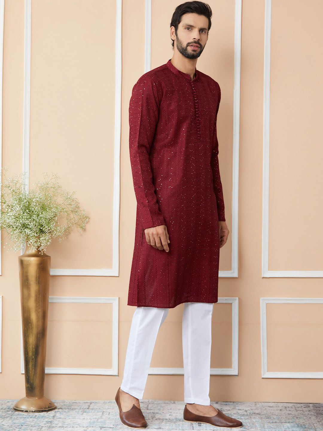 See Designs Mandarin Collar Long Sleeves Thread Work Chanderi Silk Straight Kurta
