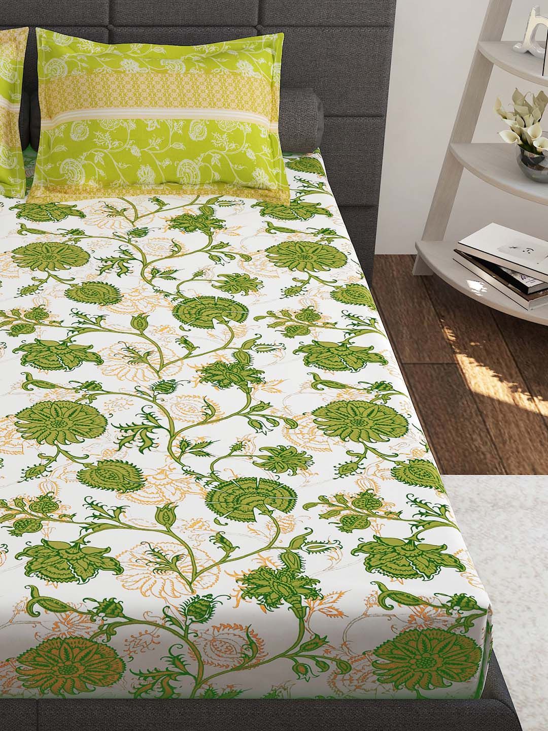 Story@home Ventura Green White Floral 144 TC Cotton Queen Bedsheet with 2 Pillow Covers