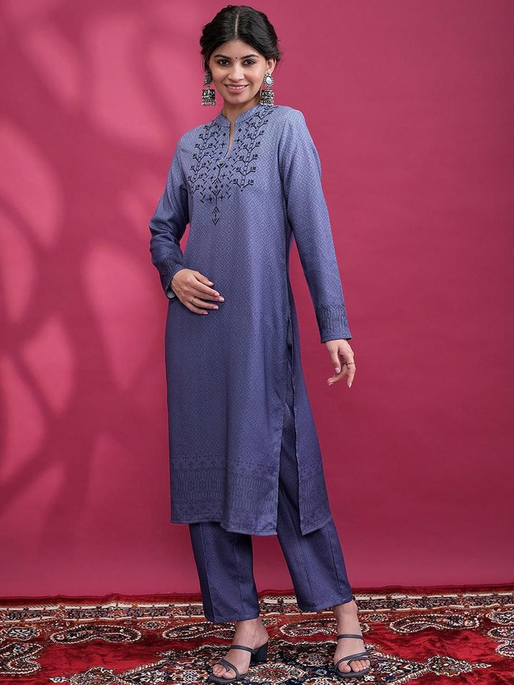 Vishudh Blue Printed Yoke Design Thread Work Straight Kurta with Trouser & Dupatta