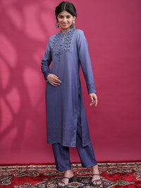 Vishudh Blue Printed Yoke Design Thread Work Straight Kurta with Trouser & Dupatta