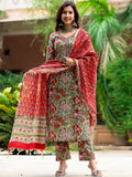 KALINI Floral Printed Regular Straight Kurta wWith Trousers & Dupatta