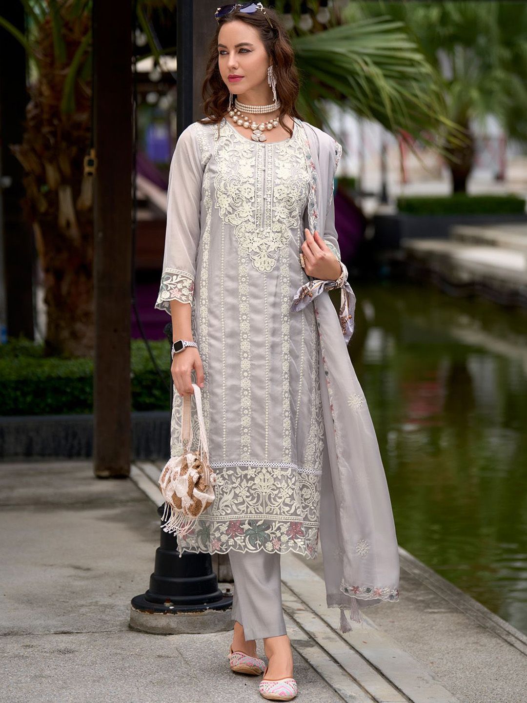 Indo Era Floral Embroidered Sequinned Straight Kurta with Trouser & Dupatta