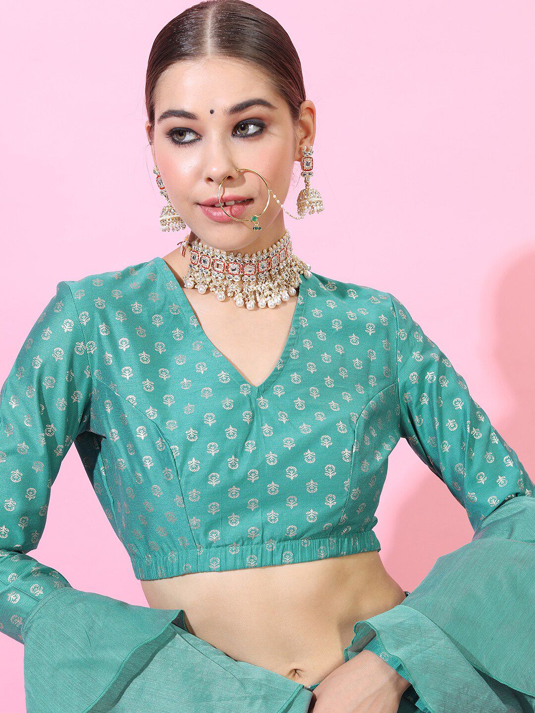 Vishudh Turquoise Blue & Off White  Foil Print Ready to Wear Lehenga & Blouse With Dupatta