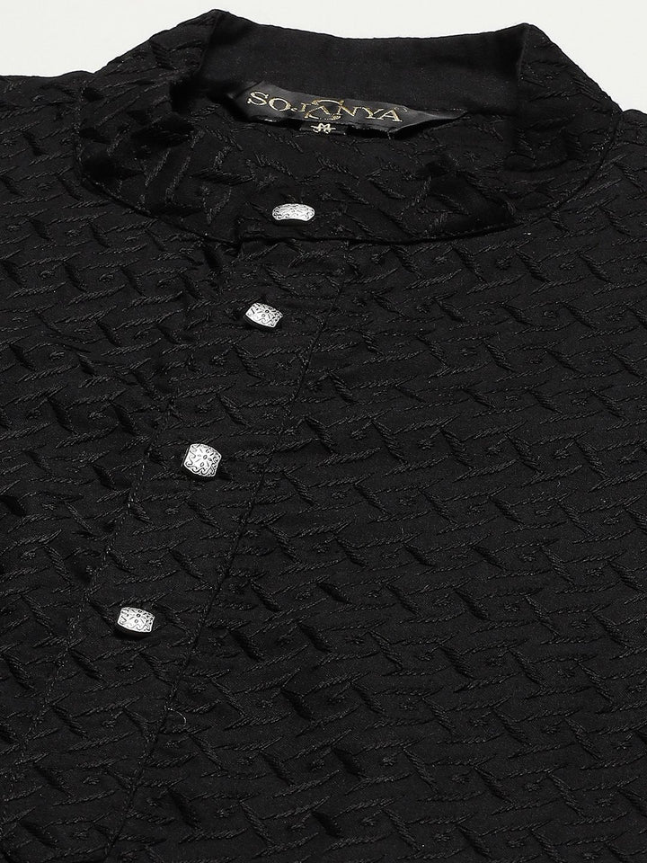 SOJANYA Men Black Chikankari Pure Cotton Kurta with Churidar & Nehru Jacket