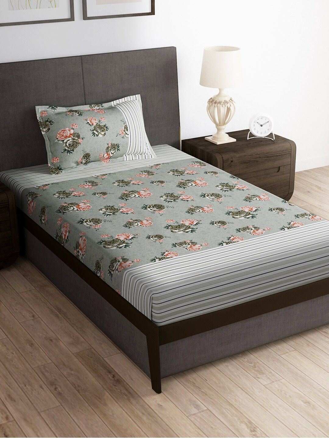 Story@home Grey & Pink Floral 180 TC Single Bedsheet with 1 Pillow Cover