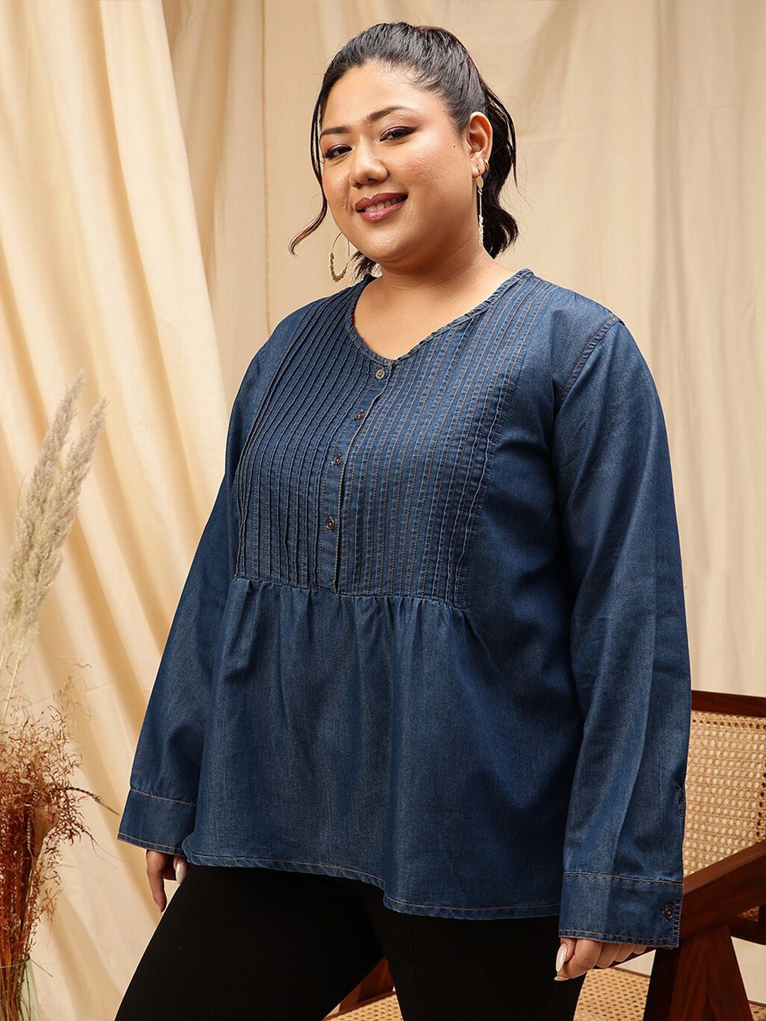 CURVY STREET Plus Size V-Neck Cotton Denim Top