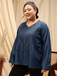 CURVY STREET Plus Size V-Neck Cotton Denim Top