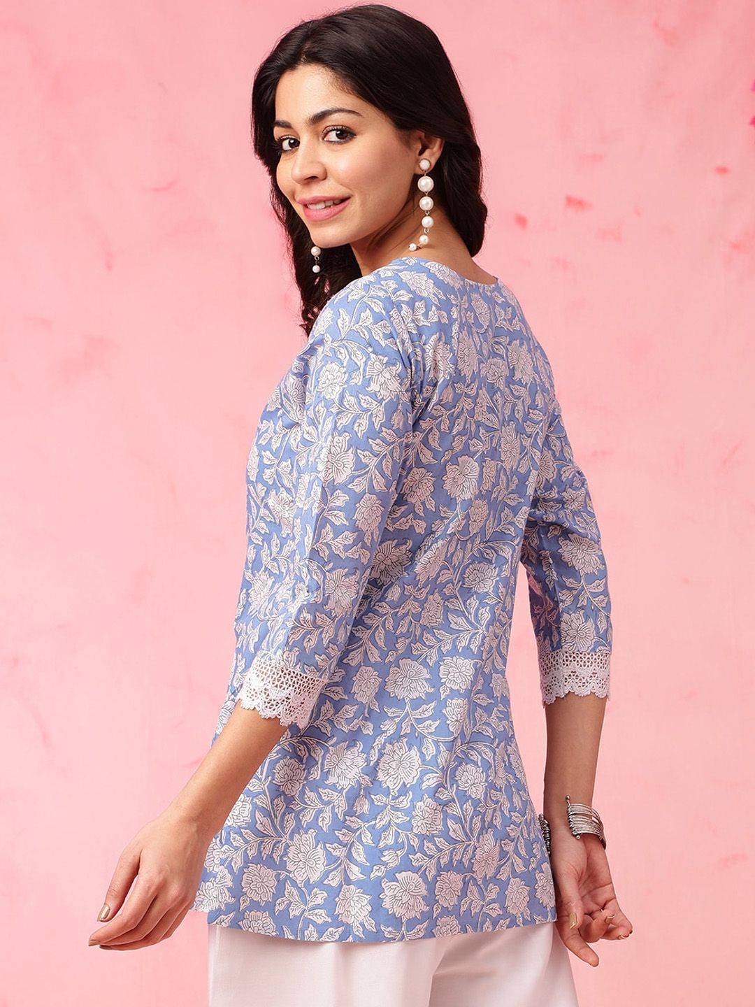 Anouk Blue Floral Printed Straight Pure Cotton Short Kurti