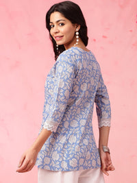 Anouk Blue Floral Printed Straight Pure Cotton Short Kurti