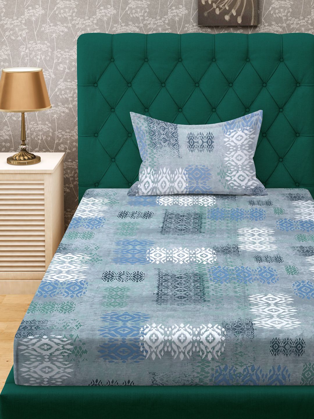 KLOTTHE Blue & Grey Printed Pure Cotton 400 TC Fitted Single Bedsheet With Pillow Cover