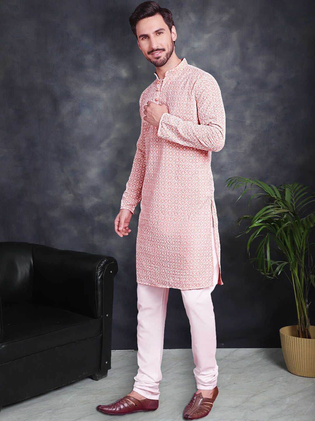 Jompers Ethnic Motifs Embroidered Pure Cotton Chikankari Kurta With Churidar