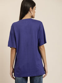 DILLINGER Women Navy Blue Solid Pure Cotton Oversized T-shirt