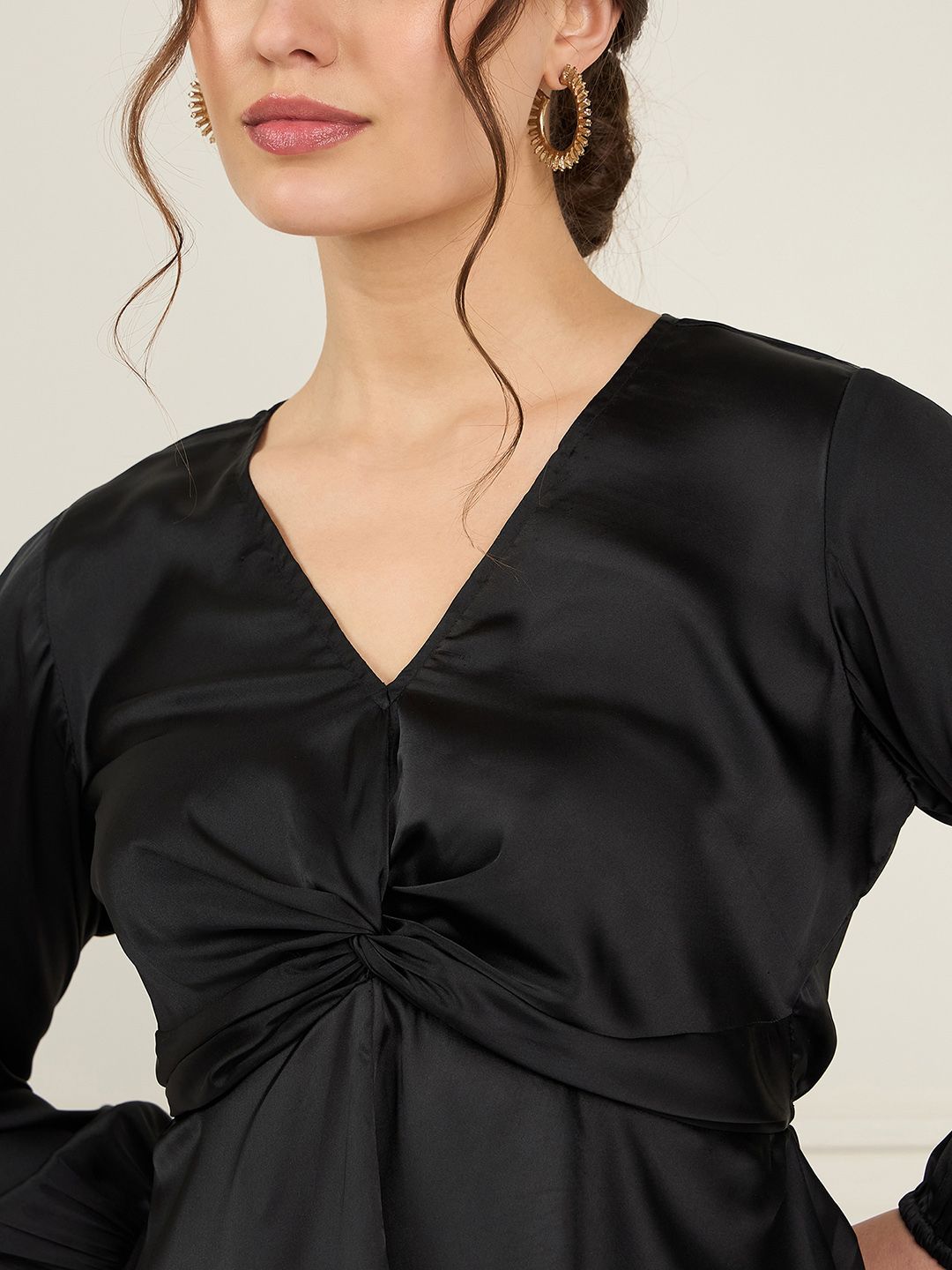 Antheaa Black V-Neck Puff Sleeves Satin Top With Printed Palazzos