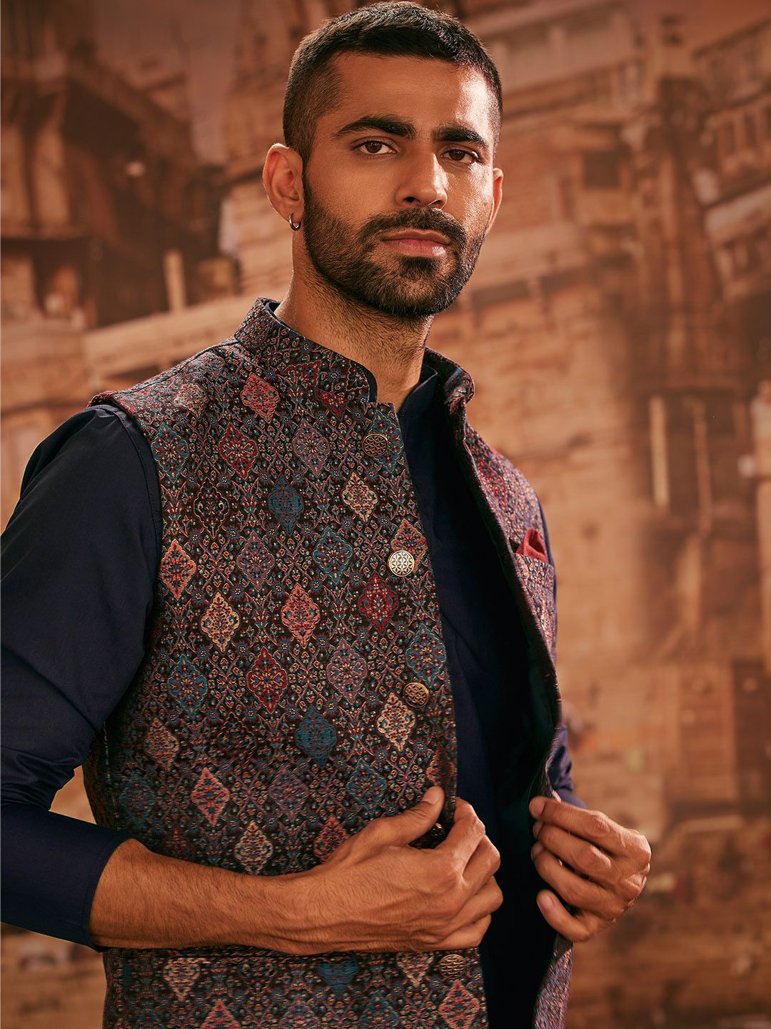 KISAH Men Woven Jacquard Regular Fit Ethnic Motifs Kurta Jacket Trouser Set