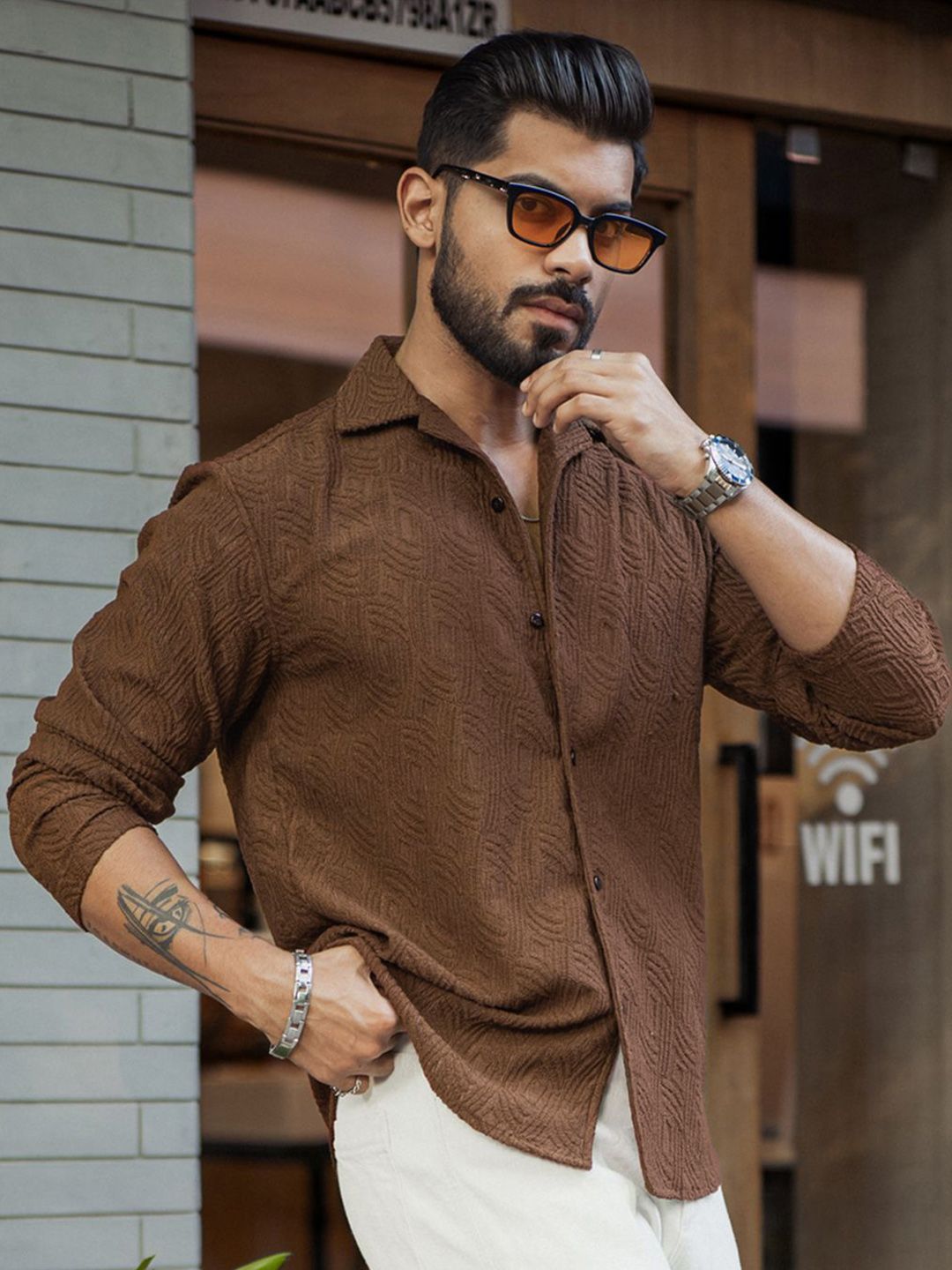 Powerlook Men Spread Collar Textured Relaxed Fit Casual Shirt