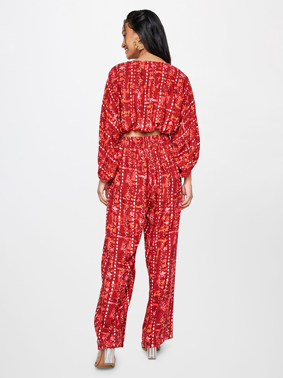 Global Desi Printed V-Neck Crop Top With Palazzos