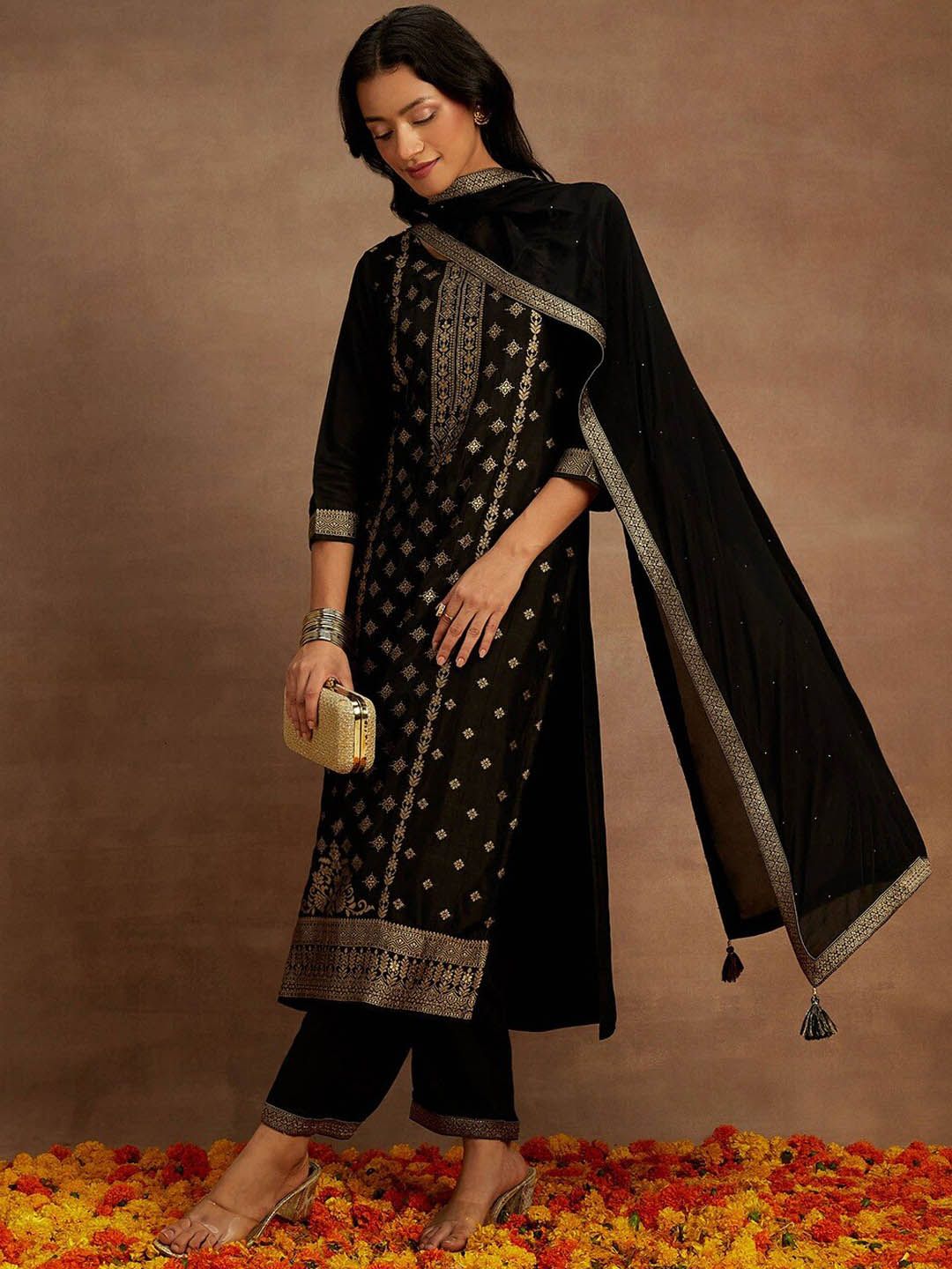 Libas Black Ethnic Motifs Woven Design Kurta with Trousers & With Dupatta