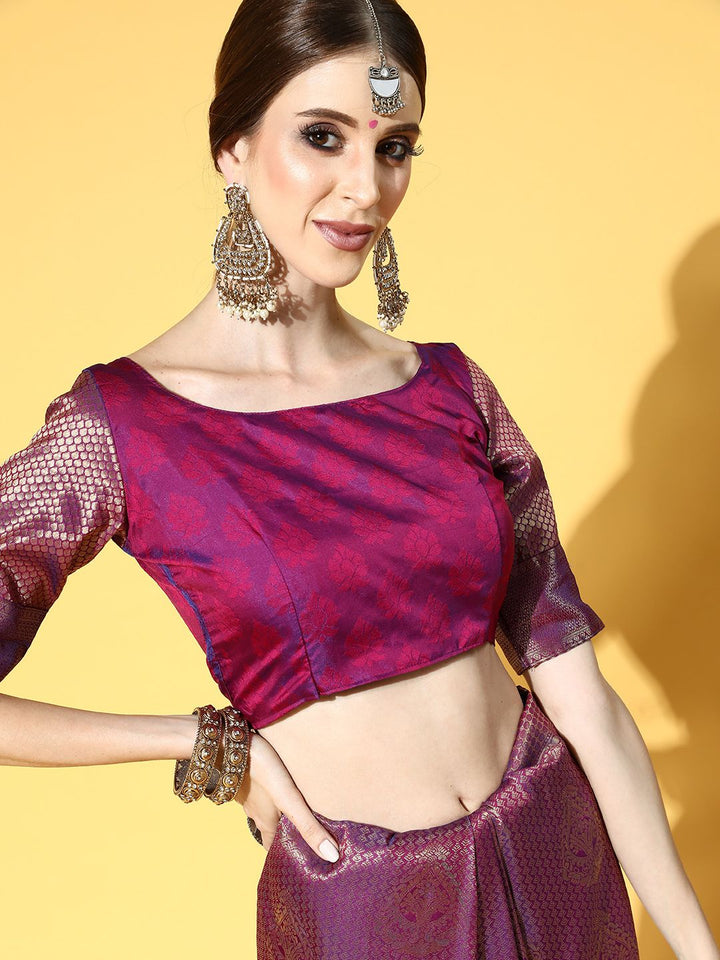 Saree mall Purple Floral Zari Silk Blend Banarasi Sarees