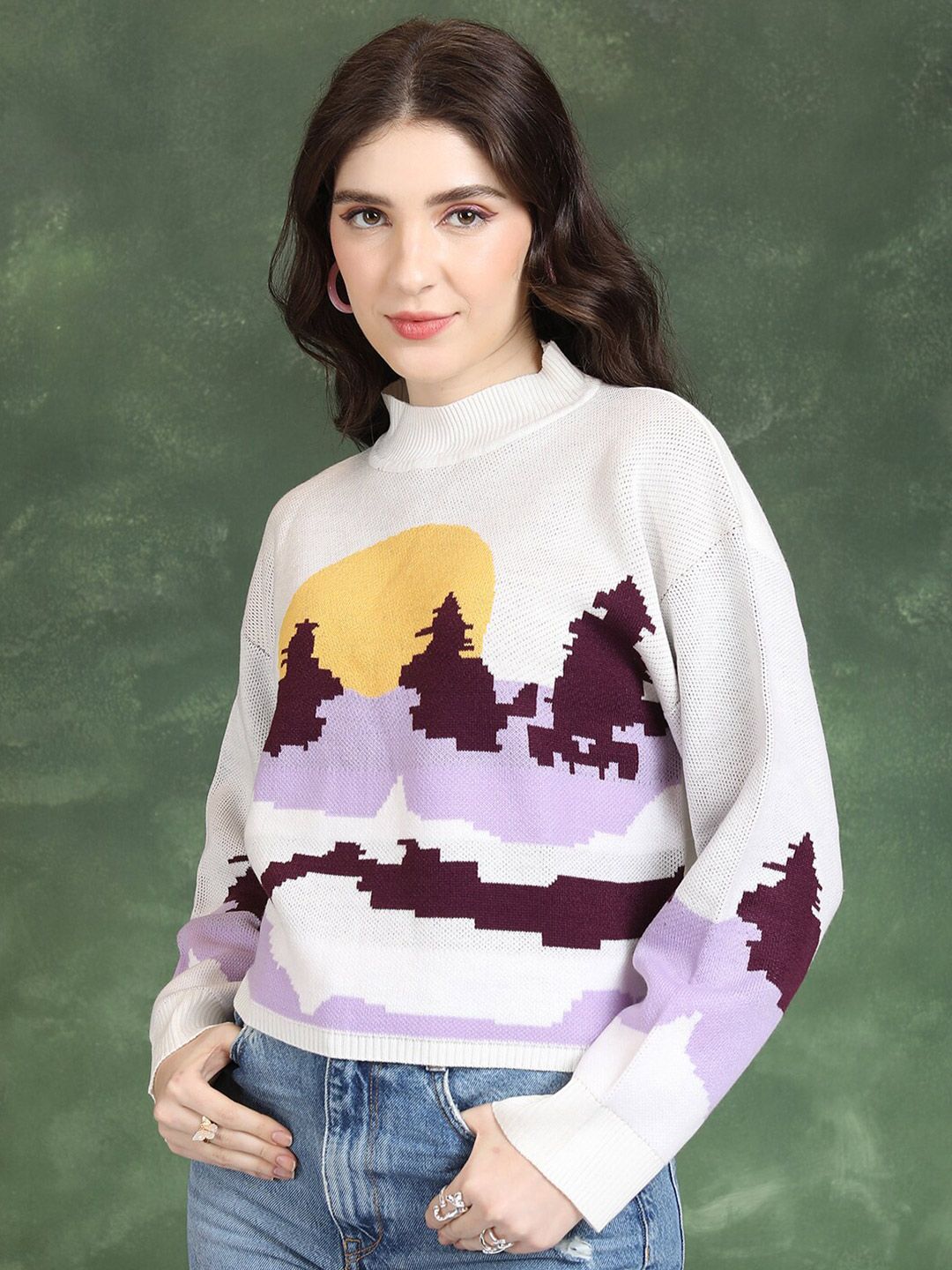 Tokyo Talkies Off White Graphic Printed High Neck Acrylic Pullover
