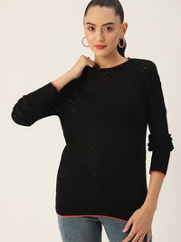 DressBerry Women Black Round Neck Knitted Pullover