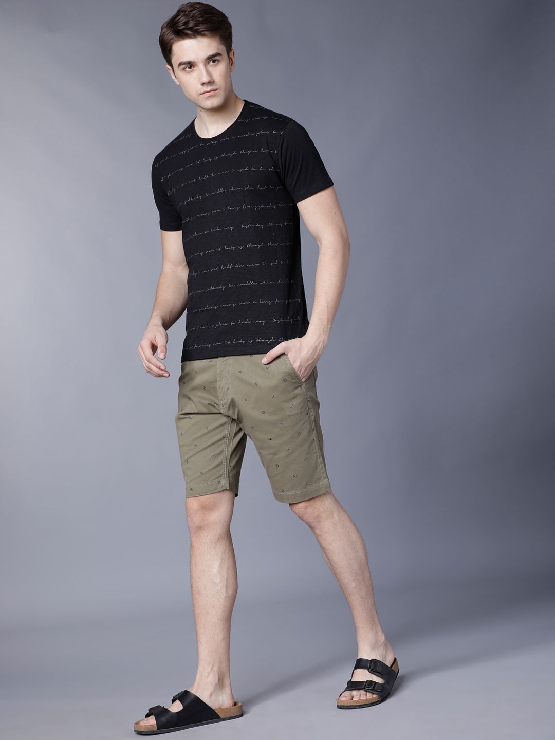 HIGHLANDER Men Olive Green Printed Slim Fit Chino Shorts