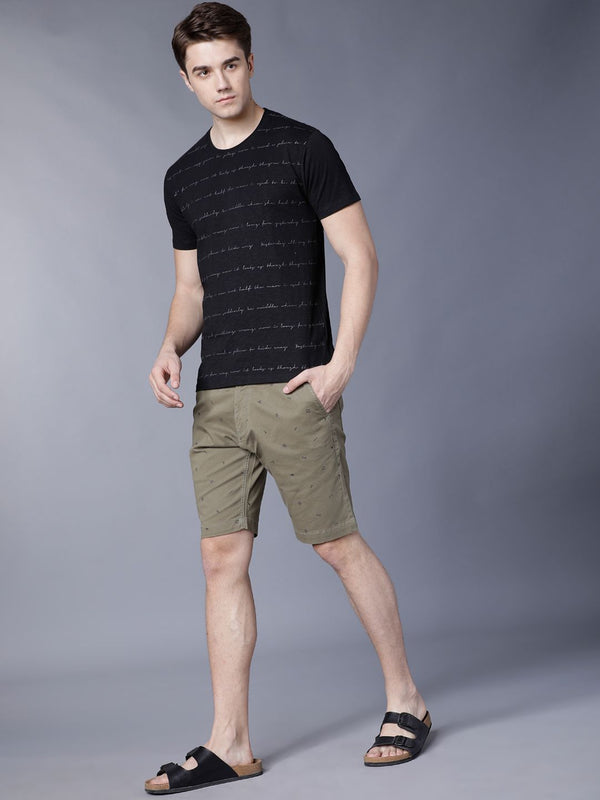 HIGHLANDER Men Olive Green Printed Slim Fit Chino Shorts