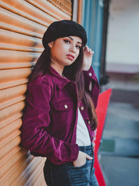 SASSAFRAS Women Burgundy Self-Striped Corduroy Crop Tailored Jacket