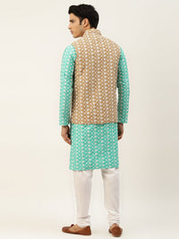 SOJANYA Men Green & Beige Embroidered Thread Work Kurta with Churidar & Nehru Jacket