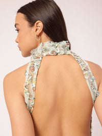 DressBerry Modern Vintage Ruffle Trims Sheer Net Backless Midi Dress