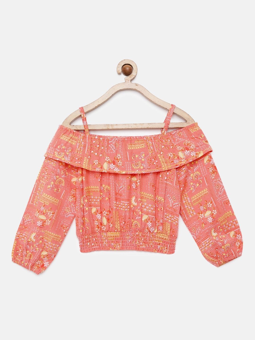 Global Desi Coral Printed Bardot Top