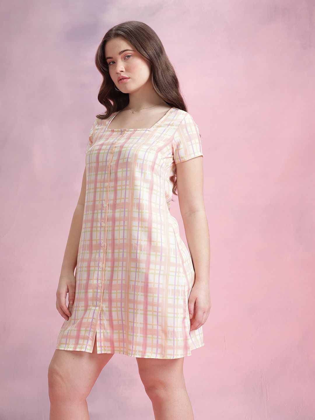 DressBerry Checked Tie-Up Neck Shirt Dress