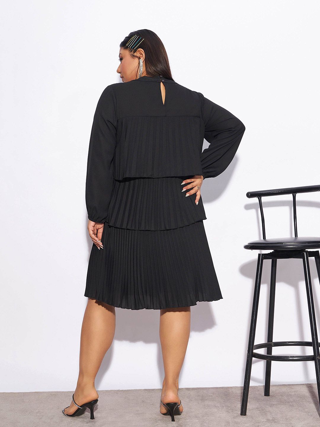 SASSAFRAS Curve Plus Size Accordion Pleats & Tiered Cuffed Sleeves A-Line Dress