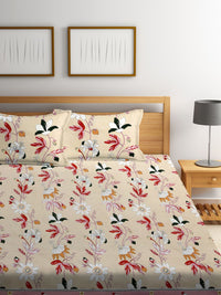 KLOTTHE Beige Floral Cotton 300 TC King Fine Bedsheet with 2 Pillow Covers-96 x 89 inches