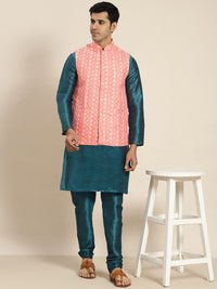 SOJANYA Men Teal Ethnic Motifs Embroidered Kurta with Churidar with Nehru Jacket