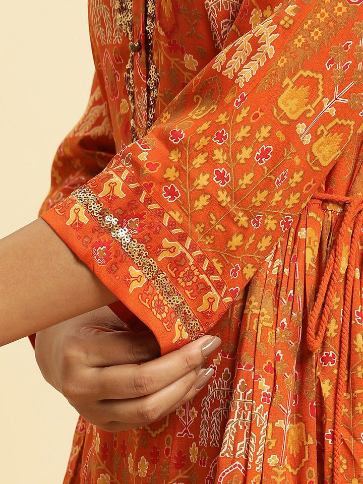 W Orange Ethnic Motifs Printed Mandarin Collar Sequinned Kurta