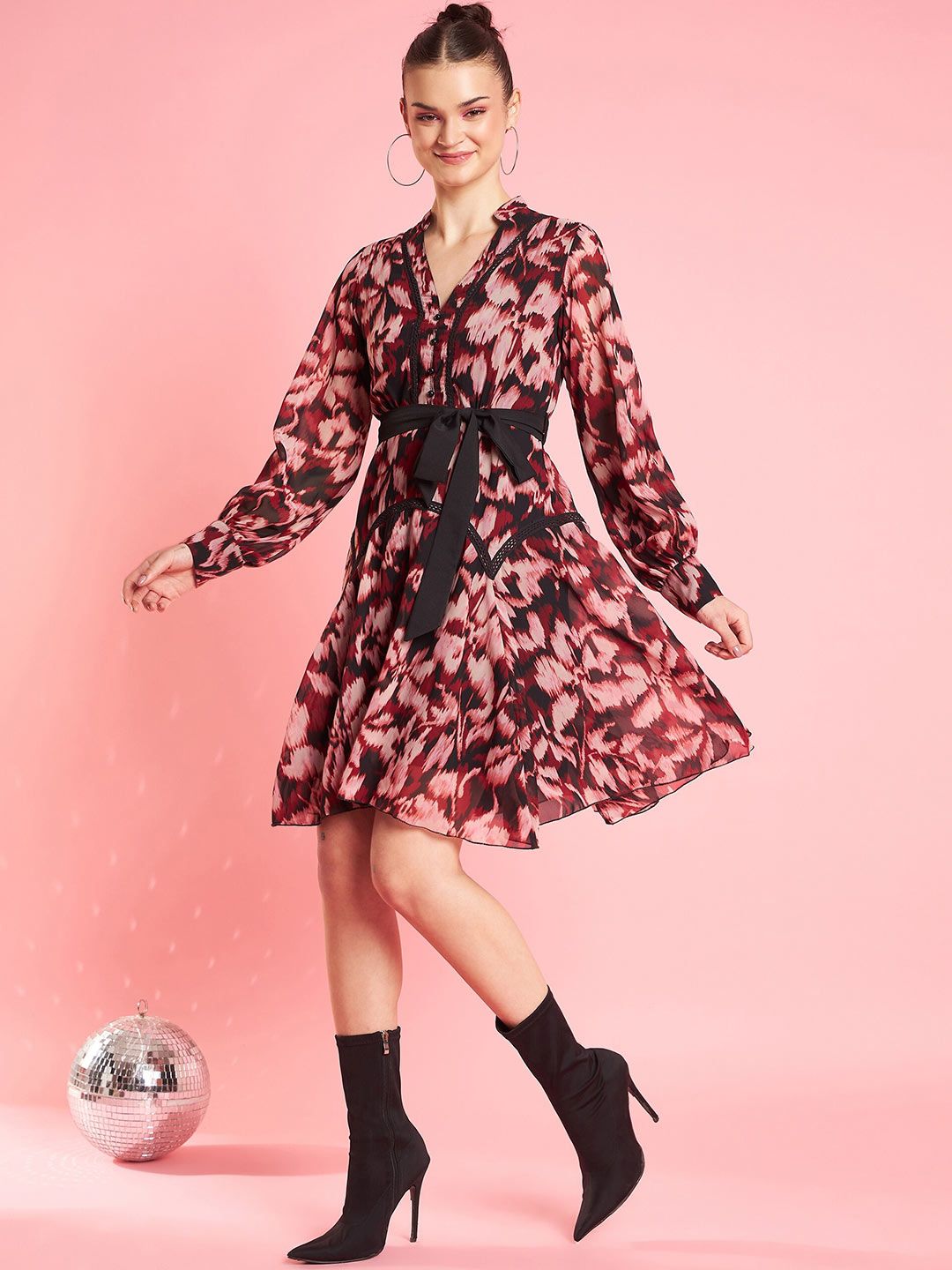 Antheaa Rust Animal Printed Flared Sleeve A-Line Opaque Party Dress