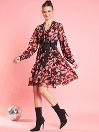 Antheaa Rust Animal Printed Flared Sleeve A-Line Opaque Party Dress