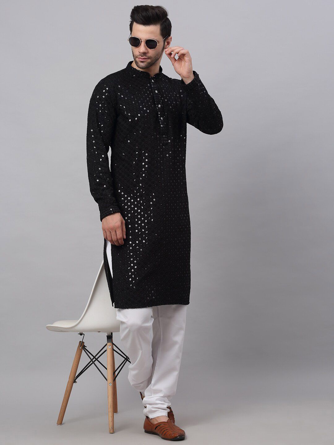 Jompers Men Black Floral Embroidered Chikankari Pure Cotton Kurta with Churidar