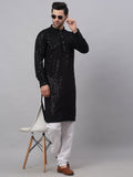 Jompers Men Black Floral Embroidered Chikankari Pure Cotton Kurta with Churidar