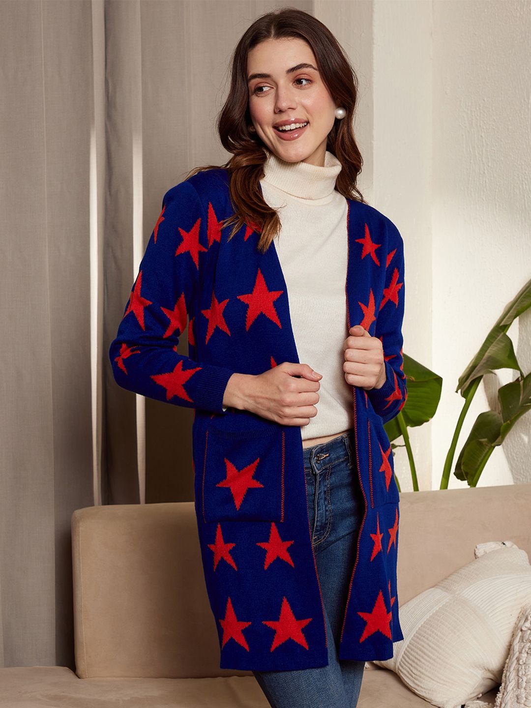 Berrylush Blue & Red Conversational Printed Longline Front Open Sweater