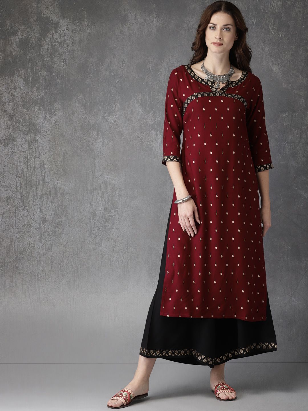 Anouk Women Maroon & Black Printed Kurta with Palazzos