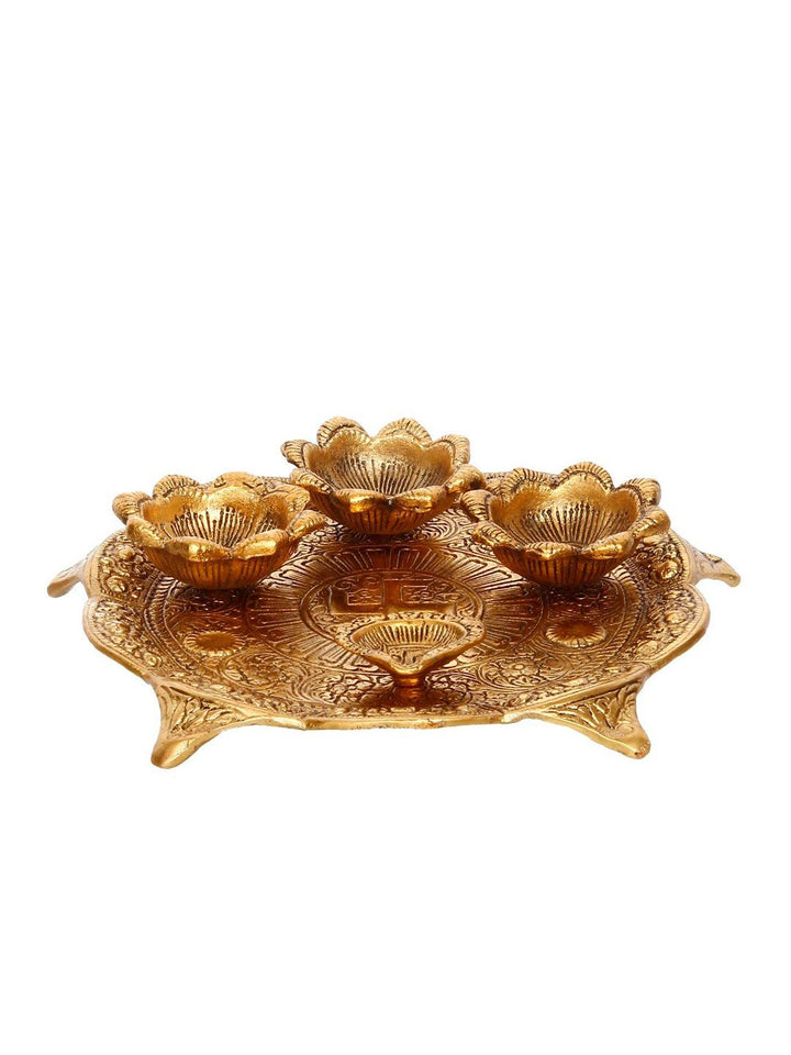 eCraftIndia Gold-Toned Swastik Pooja Thali Bowl & Diya Showpiece
