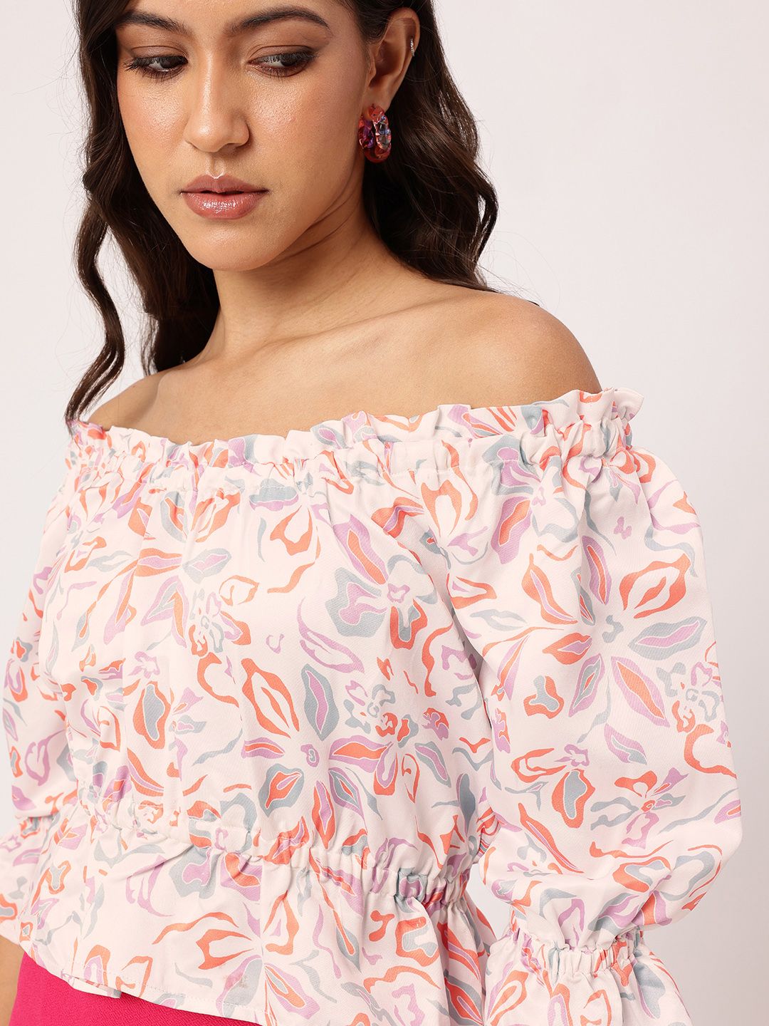 DressBerry Dramatic Touch Floral Printed Off-Shoulder Peplum Crop Top