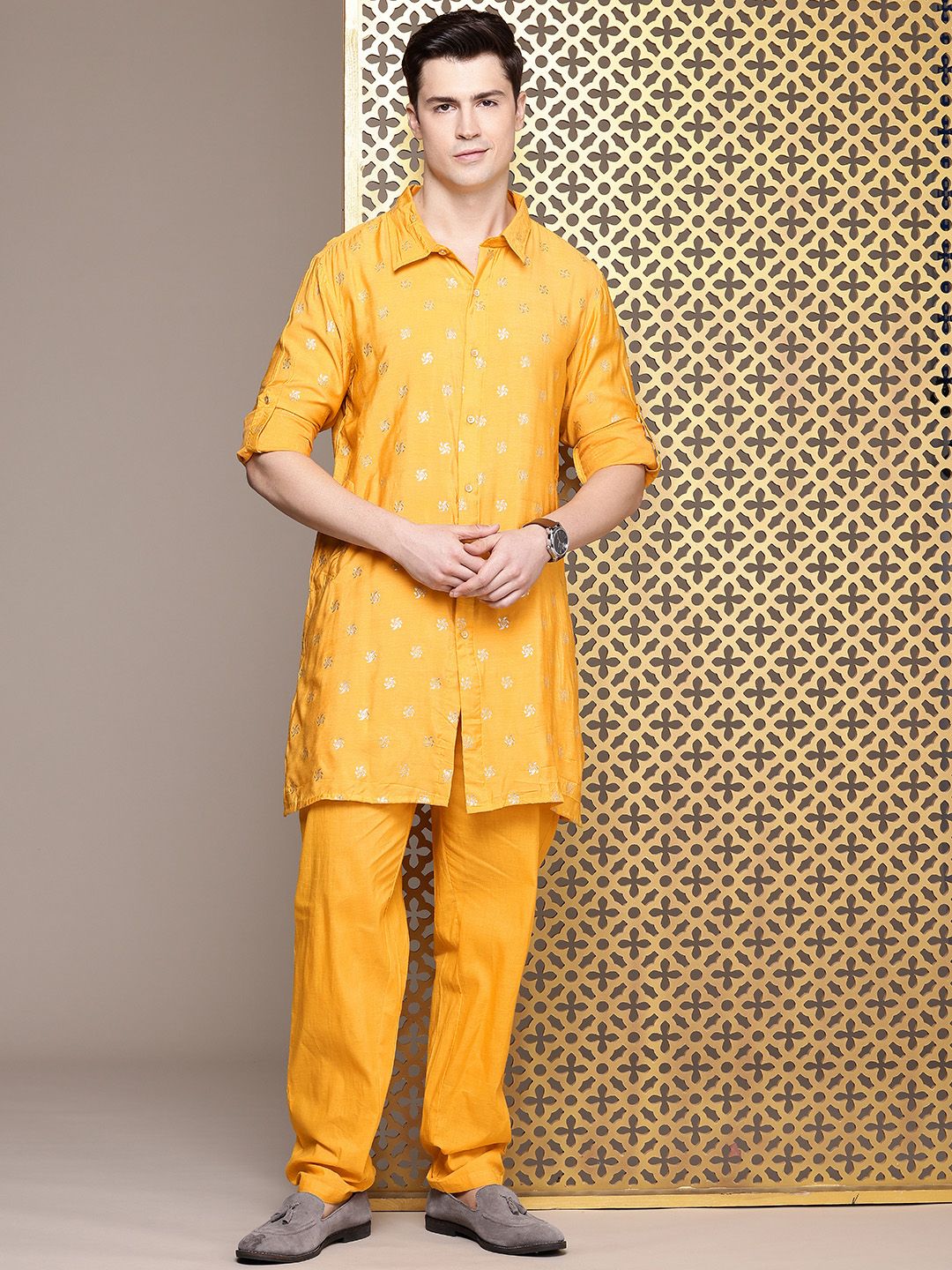 House of Pataudi Men Woven Design Regular Pure Cotton Jashn Kurta with Trousers