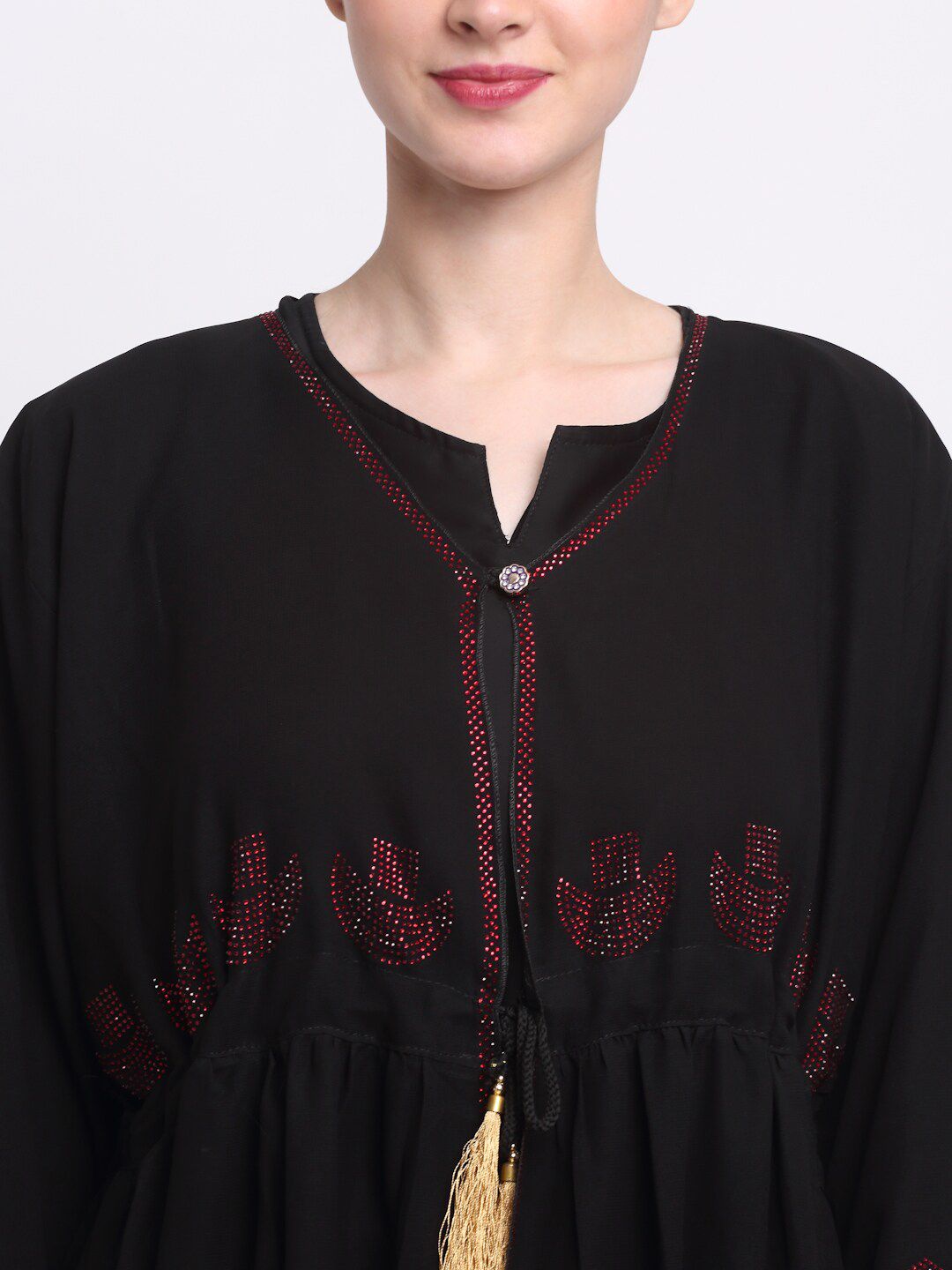 KLOTTHE Women Black & Red Embellished Burqas With Scarf