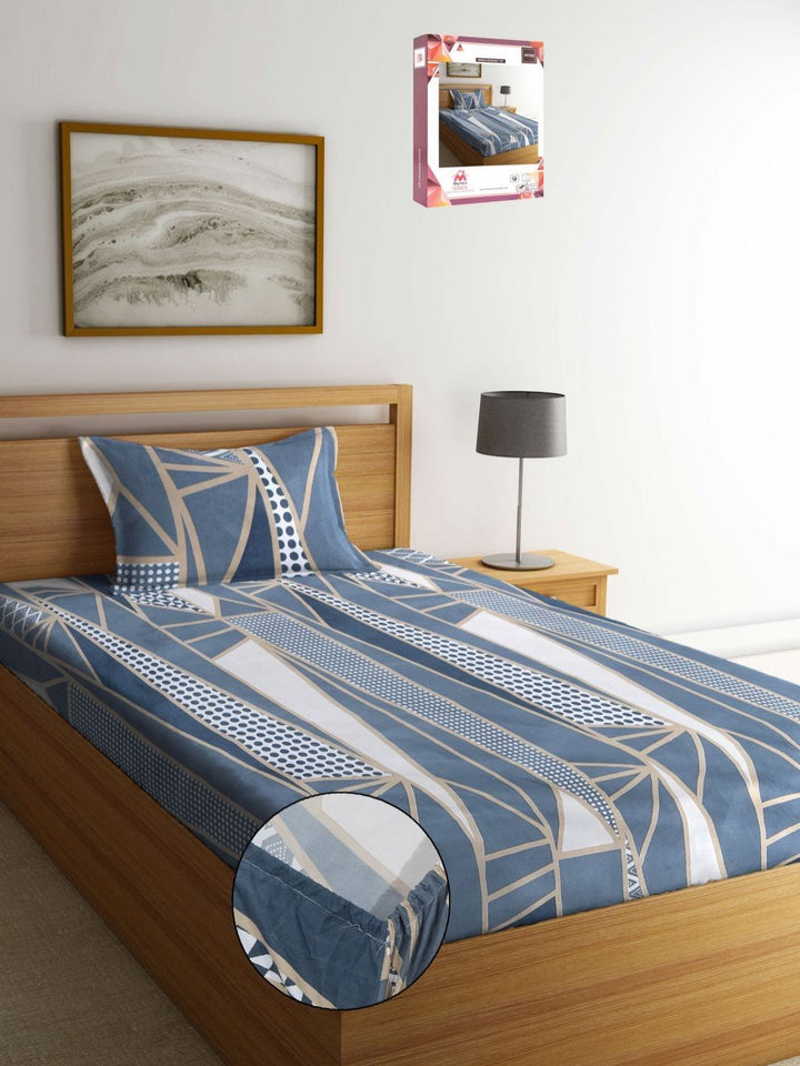 Myntra Elegant Homes Blue & White Geometric 300 TC Single Bedsheet with 1 Pillow Covers